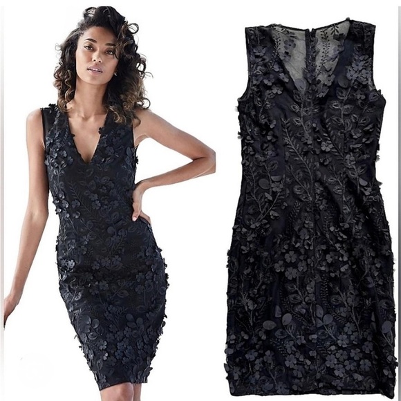 White House Black Market Black Floral 3D Applique Beaded Lace Sheath Dress 00 - Picture 1 of 5
